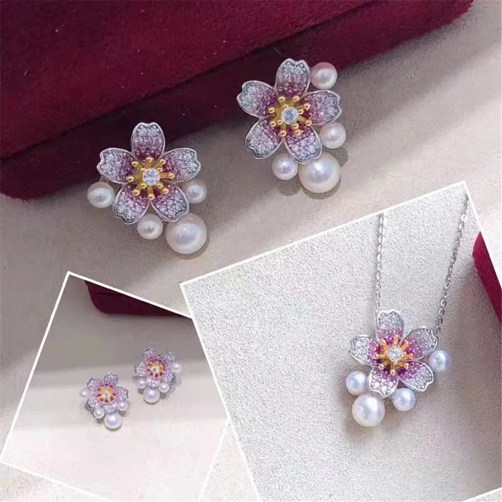 YKNRBPH Women's Freshwater Pearl Jewelry Set Multi-bead Design Cherry Blossom Craft Stud Earrings  Necklace Jewelry