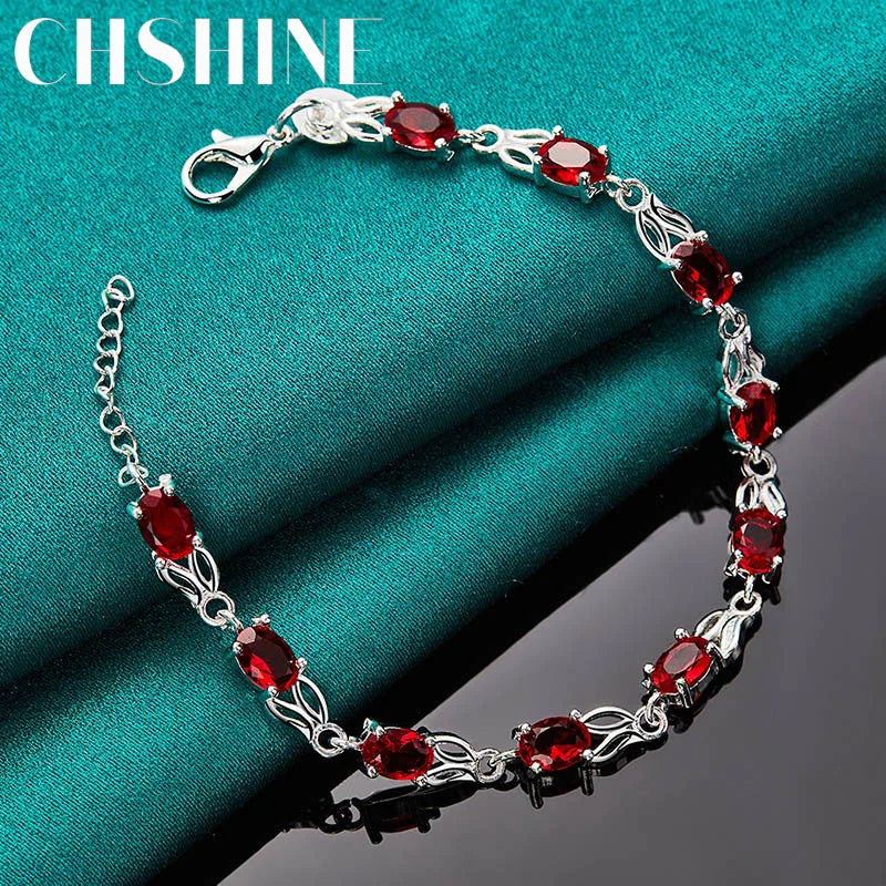 CHSHINE 925 Sterling Silver AAA Red Zircon Chain Bracelet for Women Wedding Engagement Party Fashion Charm Jewelry