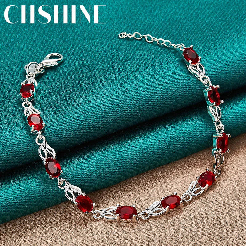 CHSHINE 925 Sterling Silver AAA Red Zircon Chain Bracelet for Women Wedding Engagement Party Fashion Charm Jewelry