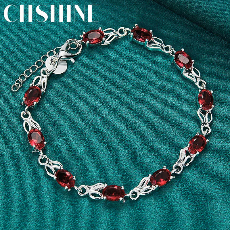 CHSHINE 925 Sterling Silver AAA Red Zircon Chain Bracelet for Women Wedding Engagement Party Fashion Charm Jewelry