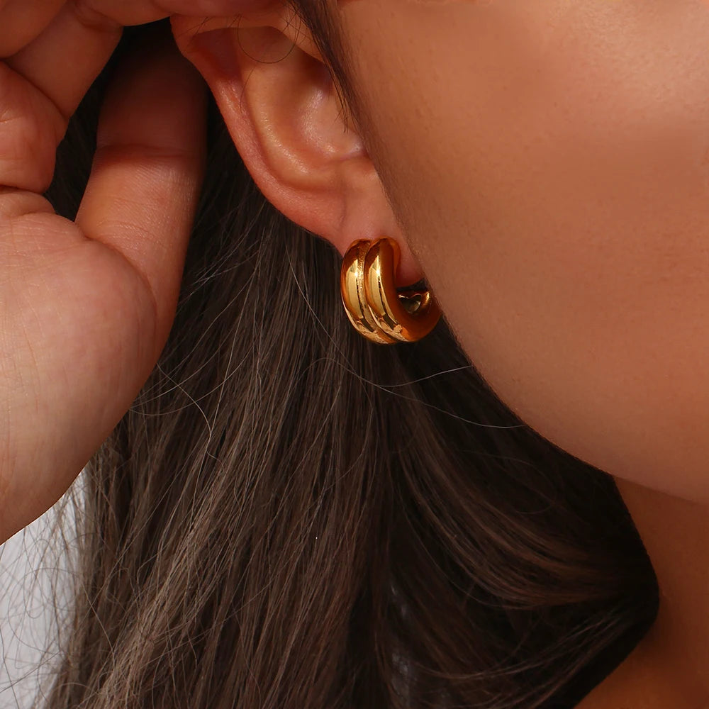 New Stainless Steel Gold Plated Half Circle Wide Thick Gold Silver Mixed Color Stud Earrings Water Resistant Jewelry