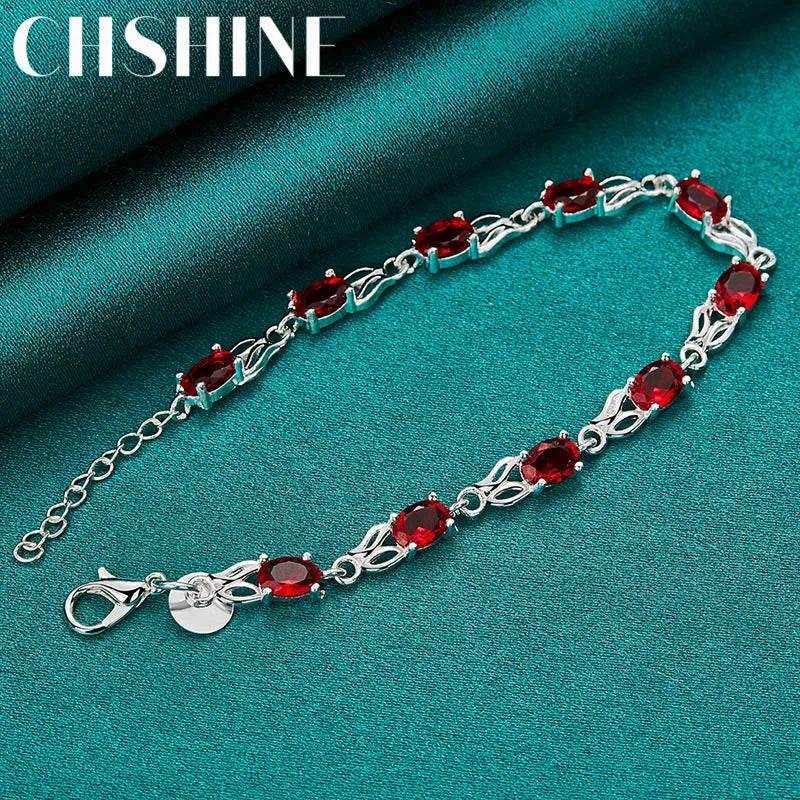 CHSHINE 925 Sterling Silver AAA Red Zircon Chain Bracelet for Women Wedding Engagement Party Fashion Charm Jewelry