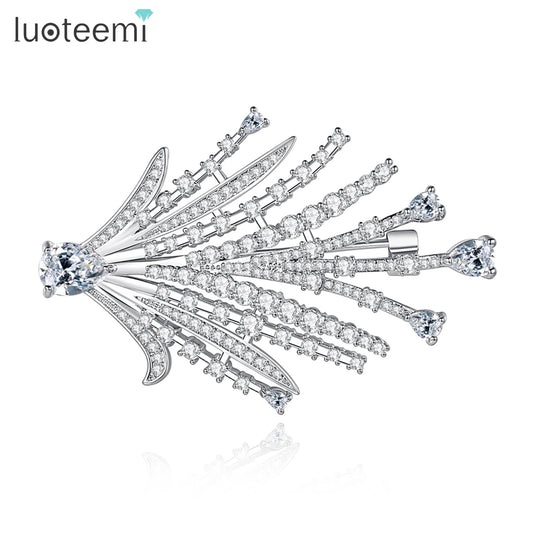 LUOTEEMI Luxury Big Leaves Shape Brooch for Women Full Stunning CZ Paved Dress Brooches Pins for Girl Wedding Bride Accessories