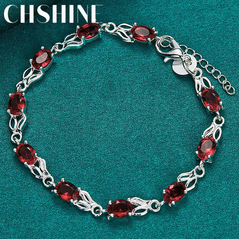 CHSHINE 925 Sterling Silver AAA Red Zircon Chain Bracelet for Women Wedding Engagement Party Fashion Charm Jewelry